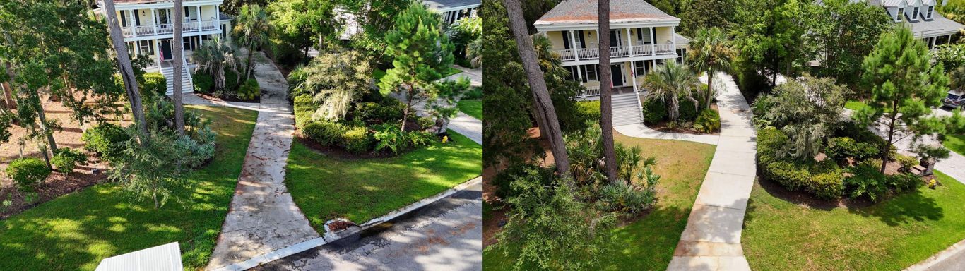 Before and after pressure washing of a paver walkway in Hilton Head, SC