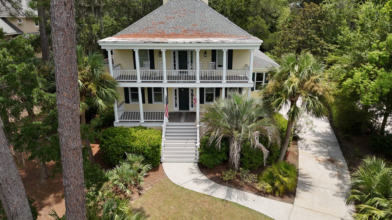 Clean shingle roof after soft washing, aerial view in the Lowcountry