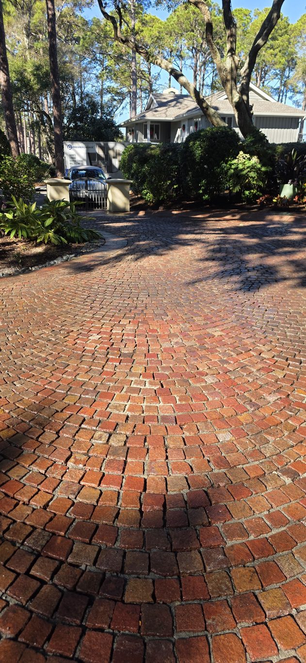 Red brick paver walkway restored to full color in Hilton Head, SC