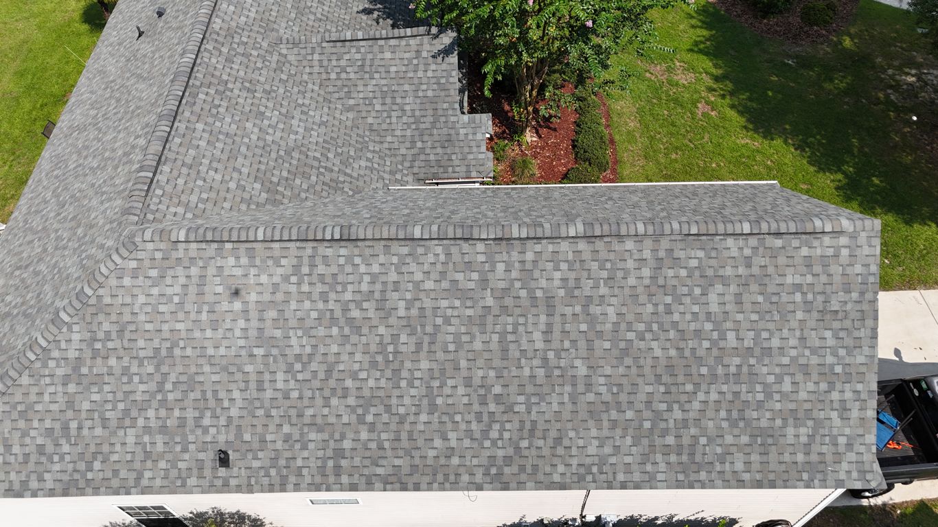 Clean roof after soft wash cleaning, aerial view in the Lowcountry