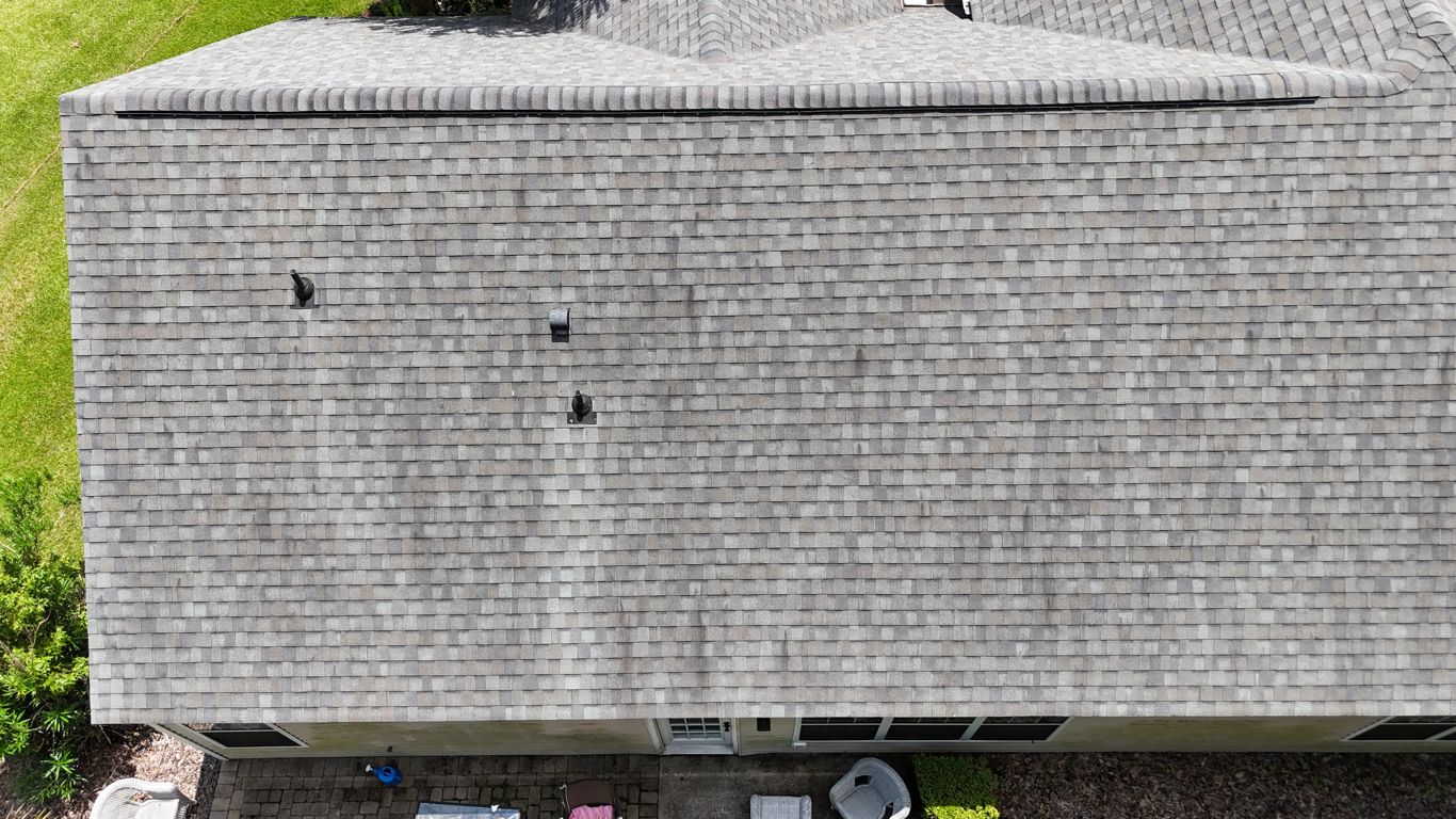 Dirty streaked roof before soft wash cleaning, aerial view in the Lowcountry