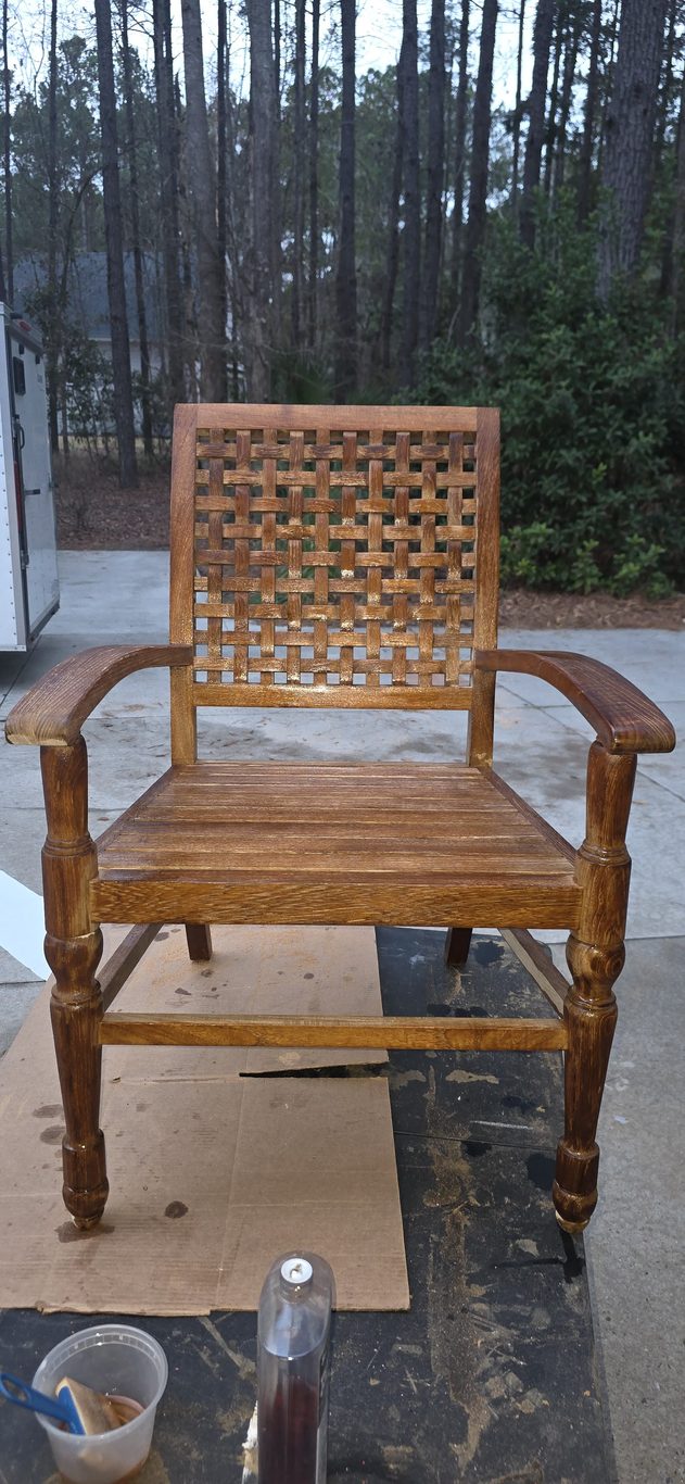 Teak armchair after professional cleaning and restoration in Hilton Head, SC