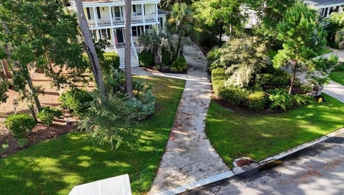 Dingy walkway before pressure washing, aerial view in Hilton Head, SC